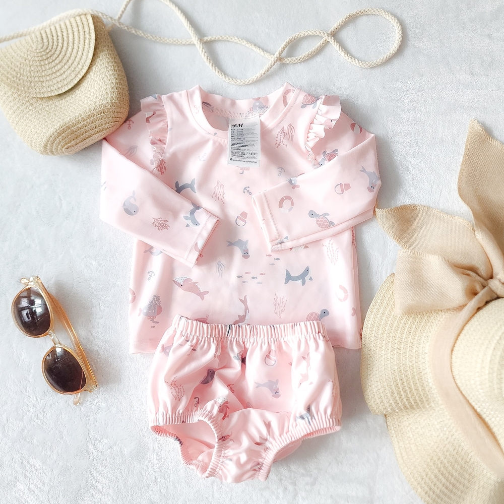 H&M Baby Girl Rash Guard Swimsuit Set 3-6M Blush Pink Ocean Print 2 Piece